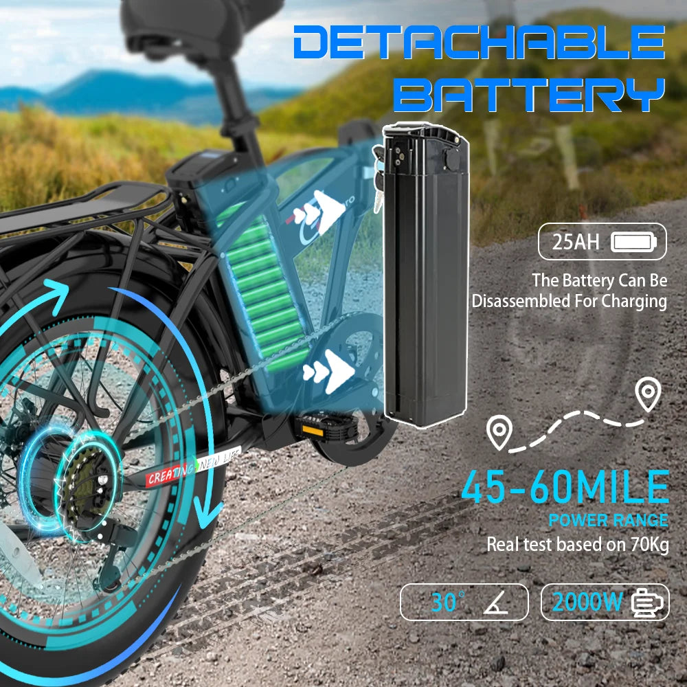 2000W Electric Bicycle 20INCH Ebike 48V 25AH Lithium Battery Mechanical Disc Brake 1000W Electric Bike Fat Tire Folding E bike